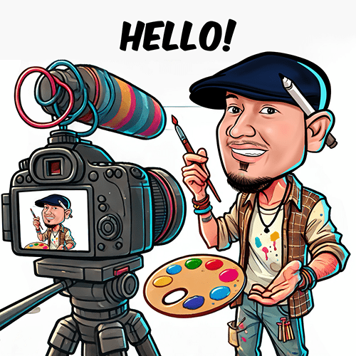 Karikatur Mas Muda, pendiri CreativeMuda, mengenakan topi pelukis sambil memegang kuas dan palet warna di depan kamera