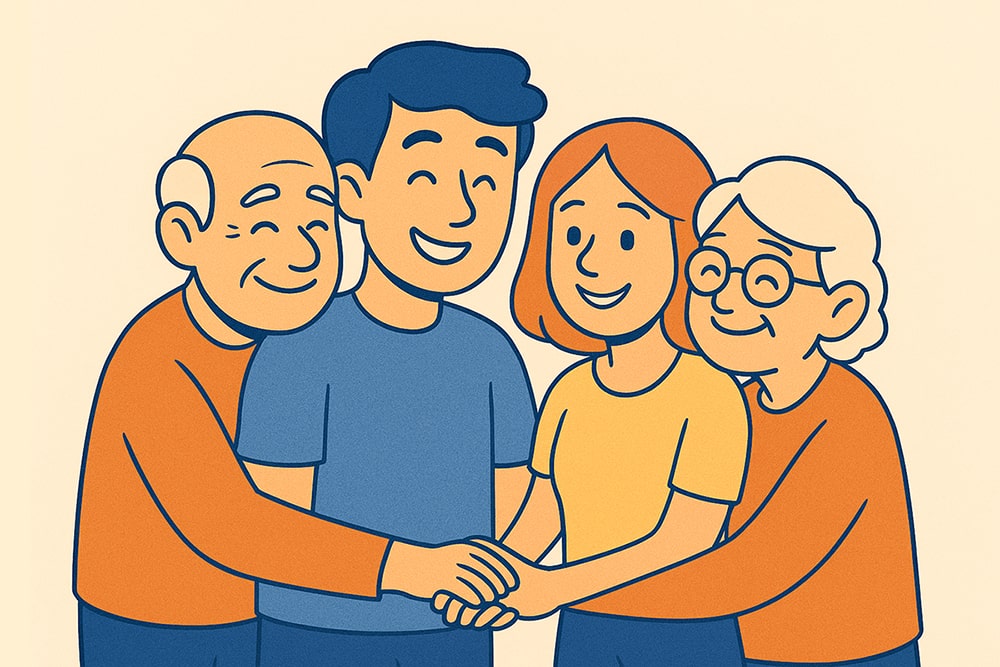 Ilustrasi empat orang dari tiga generasi berdiri berdekatan sambil menyatukan tangan di tengah, dua yang sepuh di kedua sisi dan dua yang lebih muda di antaranya