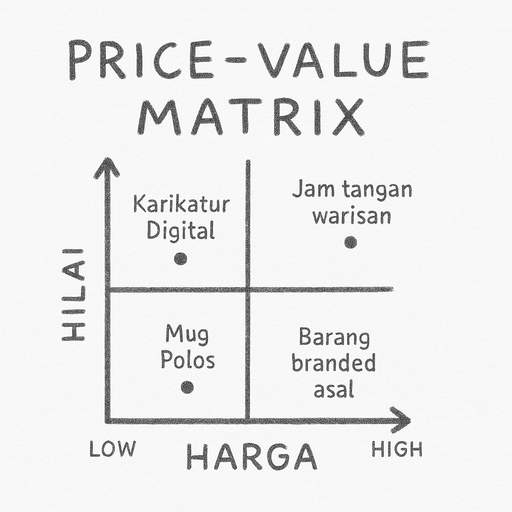 Diagram Price-Value Matrix dengan empat contoh: karikatur digital di kuadran nilai tinggi harga rendah, jam tangan warisan di nilai tinggi harga tinggi, mug polos di nilai rendah harga rendah, dan barang branded asal di nilai rendah harga tinggi