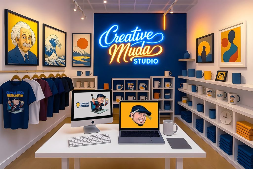 Studio CreativeMuda: dinding karya berbingkai, rak mug, dan meja kerja dengan karikatur di layar.