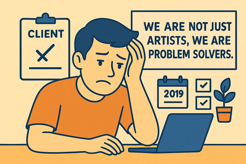 Ilustrasi pria berkaus oranye menopang kepala di depan laptop dengan raut lelah, di samping papan klien bertanda silang, kalender bertahun 2019, dan tulisan We Are Not Just Artists We Are Problem Solvers