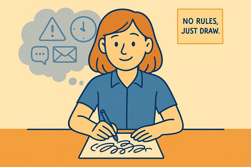 Ilustrasi perempuan berkemeja biru mencoret-coret di atas kertas sambil tersenyum, dengan awan pikiran berisi ikon peringatan, jam, pesan, dan surel, serta poster bertuliskan No Rules Just Draw di dinding