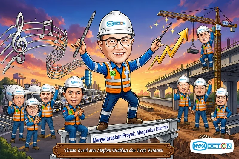 Karikatur pria berhelm proyek putih dan rompi oranye reflektif berdiri di atas balok beton pracetak sambil memegang tongkat konduktor dan mistar besi, dikelilingi tujuh rekan kerja berseragam sama yang bertepuk tangan dan mengepalkan tangan, dengan latar jembatan layang, truk molen, dan not balok musik melayang di langit senja.