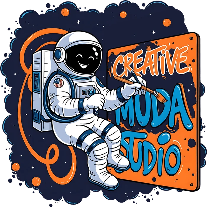 Ilustrasi astronot duduk di luar angkasa sambil melukis papan oranye bertuliskan Creative Muda Studio dengan kuas
