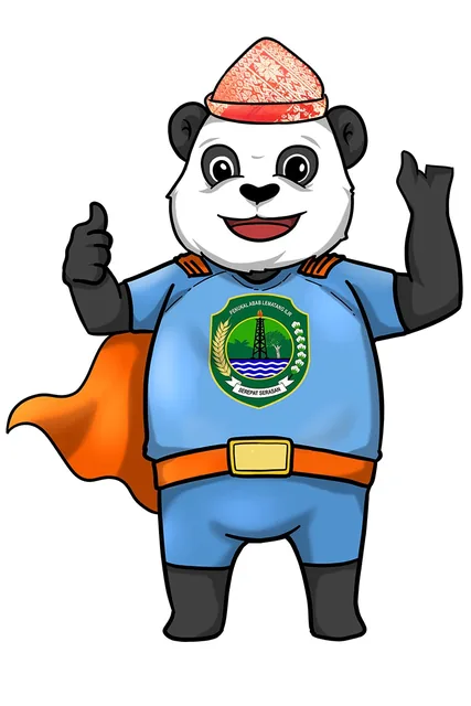 Maskot panda bertopi songkok merah, berkostum biru berjubah oranye dengan lambang Kabupaten Penukal Abab Lematang Ilir di dada, mengacungkan jempol