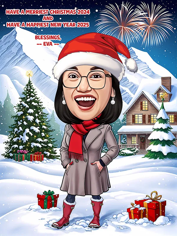 Karikatur seorang perempuan bertopi santa merah dan bermantel abu berdiri di hamparan salju, dengan pohon natal berhias di kiri, rumah kayu bercahaya hangat di kanan, dan kembang api di langit malam