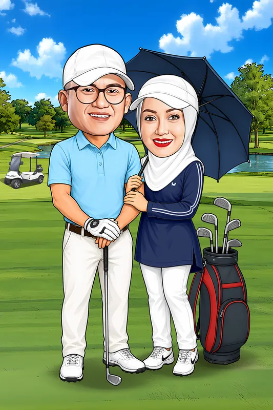 Karikatur sepasang pria dan wanita berdiri bersama di lapangan golf. Pria mengenakan kaus polo biru muda, celana putih, topi putih, kacamata, dan memegang stik golf. Wanita berhijab putih mengenakan pakaian olahraga biru tua dan putih sambil memegang payung. Di samping mereka terdapat tas berisi stik golf, dengan golf cart, danau, pepohonan, serta lapangan hijau di latar belakang.