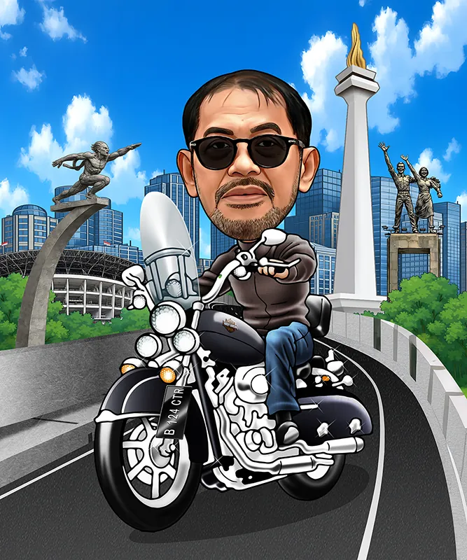 Karikatur pria berkacamata hitam dan berjenggot mengendarai sepeda motor besar bergaya klasik berwarna hitam dengan kaca pelindung angin, melaju di jalan layang Jakarta dengan latar tugu monumen nasional dan patung penyambut di kedua sisi.