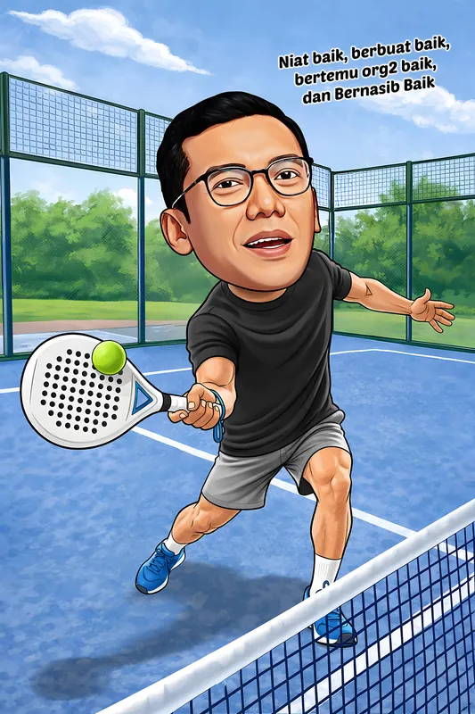 Karikatur seorang pria berkacamata sedang bermain padel di lapangan biru. Ia mengenakan kaus hitam, celana pendek abu-abu, kaus kaki putih, dan sepatu olahraga biru sambil mengayunkan raket ke arah bola. Latar menampilkan pagar lapangan, pepohonan hijau, dan langit biru cerah. Di bagian atas terdapat tulisan Niat baik, berbuat baik, bertemu org2 baik, dan Bernasib Baik.