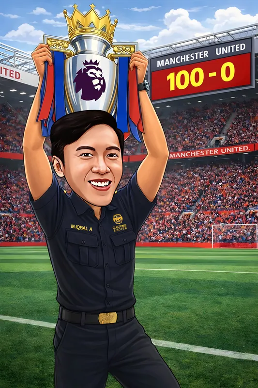 Karikatur seorang pria mengenakan seragam Bea Cukai berwarna gelap sedang mengangkat trofi sepak bola besar di atas kepala. Pria terlihat tersenyum penuh semangat di tengah lapangan stadion yang dipenuhi penonton. Latar belakang menampilkan papan skor Manchester United dan suasana pertandingan sepak bola.