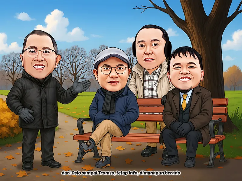 Karikatur empat orang pria sedang berkumpul bersama di sebuah taman dengan suasana musim gugur. Dua pria duduk di bangku taman, satu pria berdiri di samping sambil memberikan gestur tangan, dan satu lainnya berdiri di belakang bangku. Mereka mengenakan pakaian hangat seperti jaket, mantel, sarung tangan, syal, dan penutup telinga. Latar menampilkan pepohonan, rumput hijau, jalan setapak, daun berguguran, serta langit biru berawan.