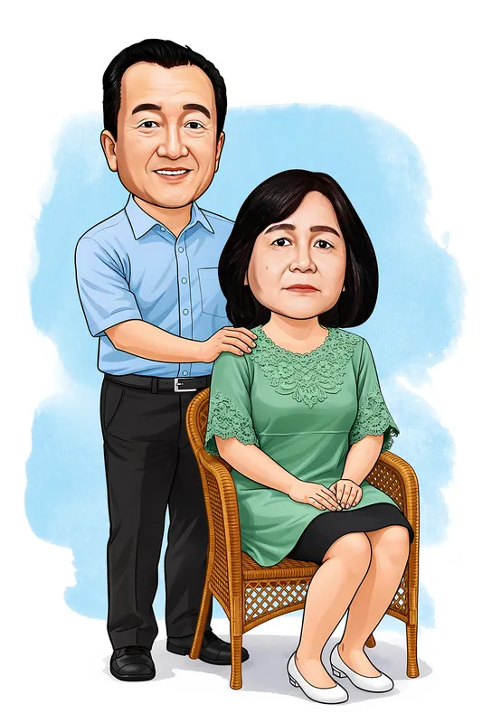 Karikatur pasangan suami istri dengan seorang pria berdiri di belakang wanita yang sedang duduk di kursi rotan. Pria mengenakan kemeja biru muda dan celana hitam sambil meletakkan tangan di bahu wanita. Wanita mengenakan atasan hijau bermotif renda, rok hitam, dan sepatu putih. Latar belakang putih dengan sapuan warna biru muda.