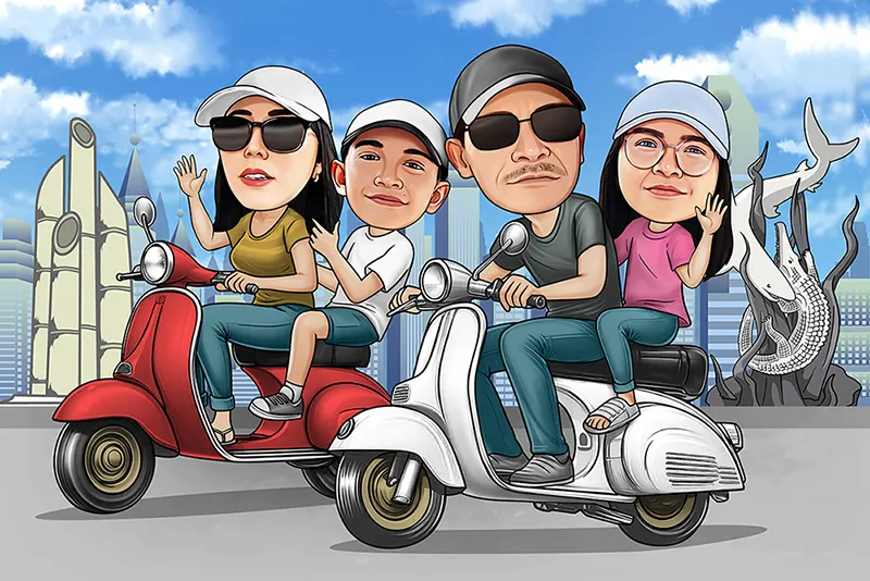 Karikatur empat orang berboncengan di atas dua vespa, satu merah dan satu putih, berkaus santai dan bertopi, melintas di jalan kota dengan patung ikan hiu dan buaya di kejauhan
