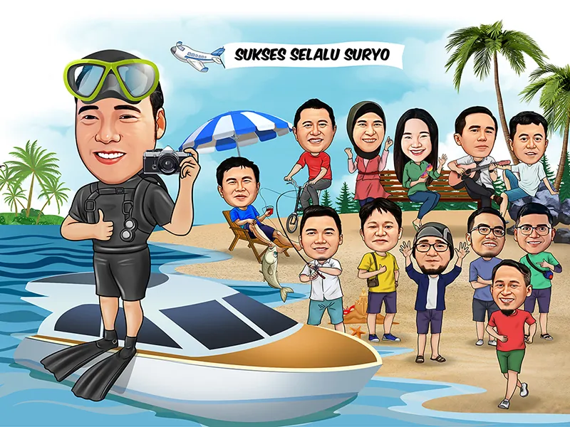 Karikatur seorang pria berpakaian selam lengkap dengan kacamata dan sirip berdiri di atas perahu cepat sambil memegang kamera, dengan tiga belas rekan bersantai di pantai berpohon kelapa di sebelah kanan