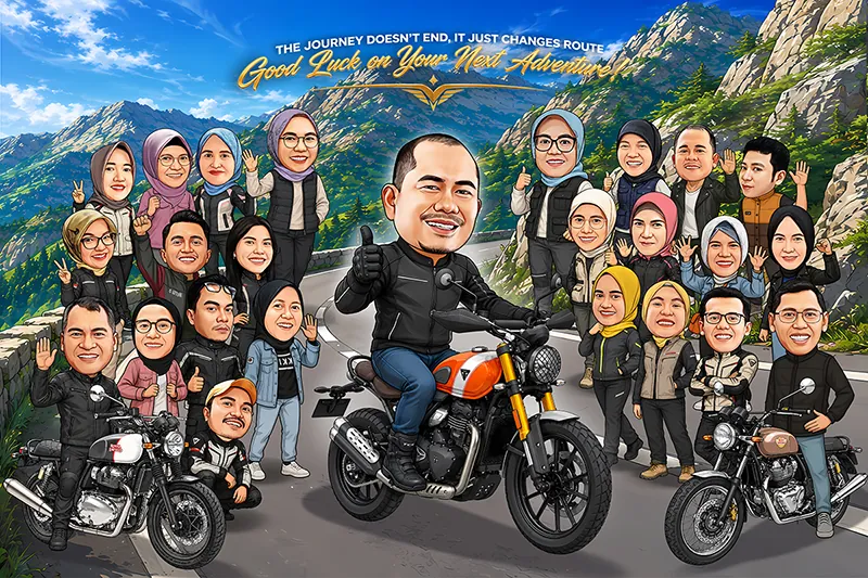 Karikatur sekitar dua puluh lima anggota klub motor berjaket touring berkumpul di tikungan jalan pegunungan, dengan satu orang duduk di atas motor oranye di tengah dan dua motor klasik terparkir di kiri dan kanan