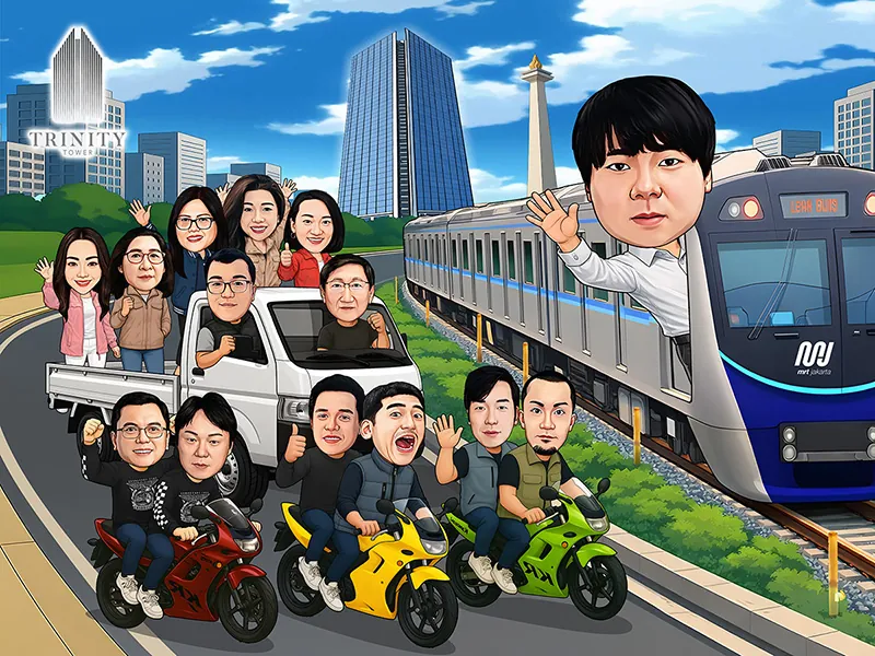 Karikatur enam pria mengendarai tiga sepeda motor sport berwarna merah, kuning, dan hijau beriringan di jalan raya, disusul mobil bak terbuka putih membawa lima rekan lain yang melambai, sementara satu orang bertubuh raksasa menjulur keluar dari jendela kereta MRT di sisi kanan, dengan latar gedung menara kaca dan tugu monumen nasional.