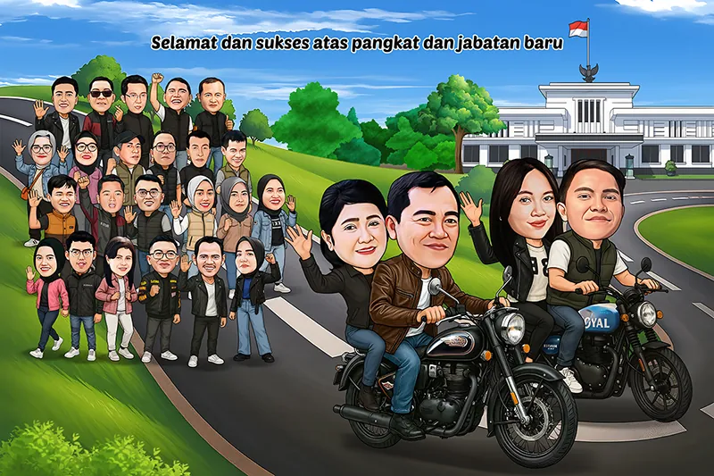 Karikatur dua pasangan mengendarai sepeda motor klasik beriringan di jalan aspal, diikuti lebih dari dua puluh anggota komunitas motor yang berdiri melambai di tepi rerumputan, dengan latar gedung pemerintahan bergaya kolonial putih dan tiang bendera merah putih.