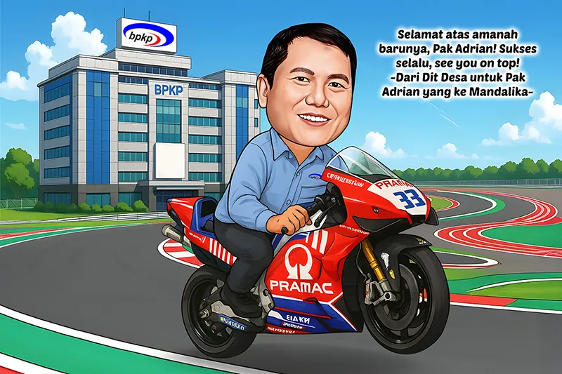 Karikatur seorang pria berkemeja biru mengendarai motor balap merah bernomor tiga puluh tiga di lintasan sirkuit, dengan gedung kantor lembaga pengawas keuangan di sebelah kiri