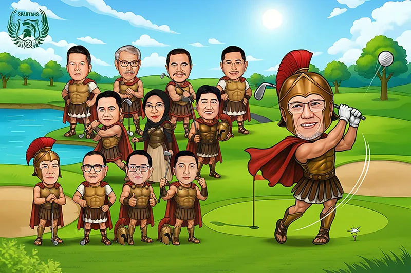 Karikatur sebelas orang berkostum prajurit Spartan lengkap dengan helm berbulu merah, baju zirah emas, dan jubah merah, berpose di tepi kolam lapangan golf sambil satu orang mengayunkan tongkat golf ke arah bola yang melambung.