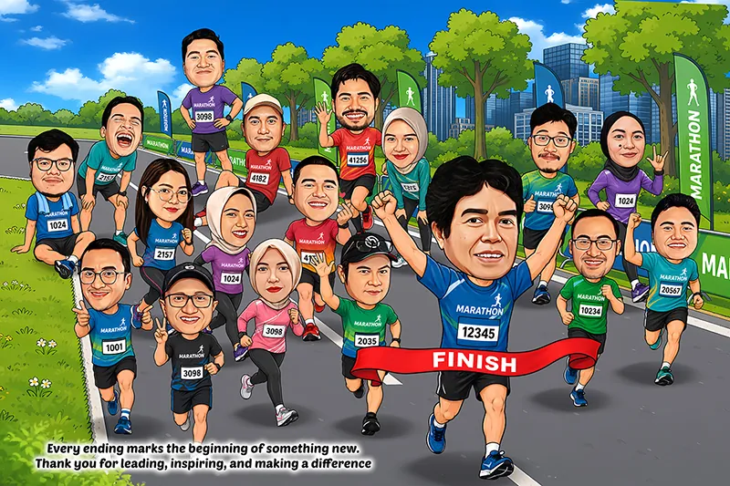 Karikatur delapan belas rekan kerja mengenakan kaus lari warna-warni dengan nomor peserta di dada, berlari beriringan melintasi garis merah bertuliskan finish, satu orang di tengah depan mengepalkan kedua tangan sambil menyentuh pita, dengan latar jalan taman kota dan gedung pencakar langit.