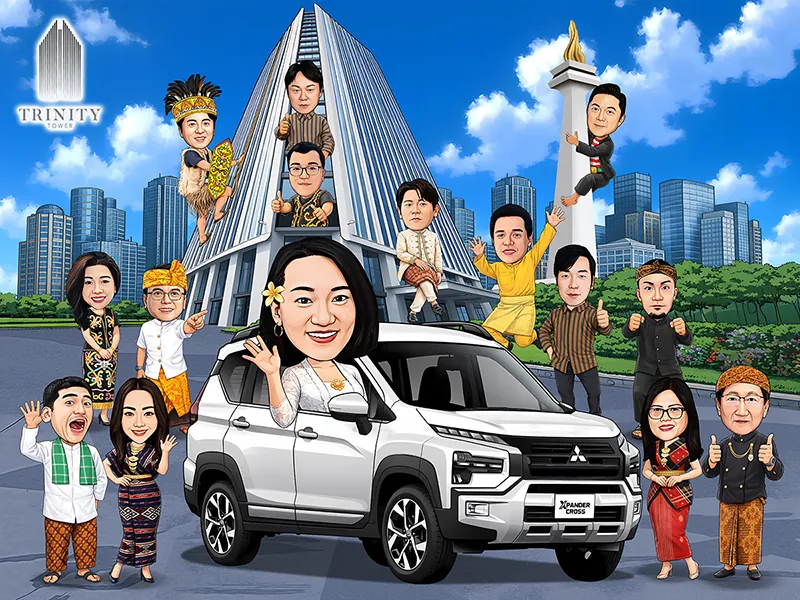 Karikatur belasan rekan kerja mengenakan busana adat dari berbagai daerah di Indonesia, mulai hiasan kepala bulu Papua hingga kain songket Melayu, sebagian memanjat gedung menara kaca dan tugu monumen di belakang, satu perempuan mengemudikan mobil sport utility putih di tengah barisan.