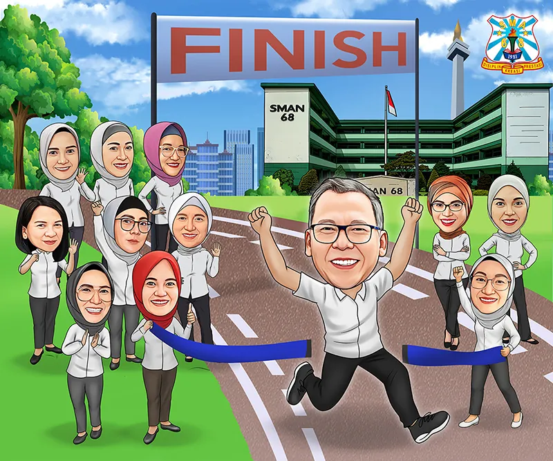 Karikatur pria berambut putih beruban mengangkat kedua tangan penuh kemenangan sambil berlari melewati garis finis biru, disaksikan sepuluh rekan guru berseragam putih yang berdiri dan bertepuk tangan di kedua sisi lintasan, dengan latar gedung sekolah menengah atas hijau dan tugu monumen nasional.