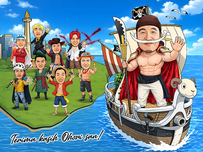Karikatur pria bertubuh atletik tanpa busana atas mengenakan ikat kepala dan jubah merah, berdiri gagah di haluan kapal kayu besar berbentuk kepala domba sambil memegang tombak bermata sabit, melambaikan tangan ke arah delapan rekan kerja yang berkostum bajak laut warna-warni berdiri di pulau kecil dekat tugu monumen nasional.