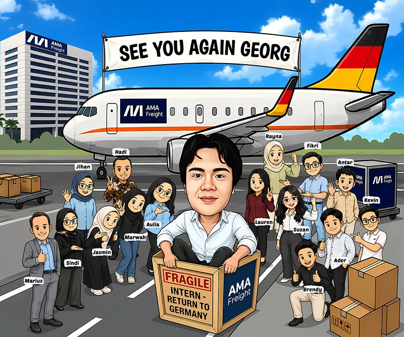 Karikatur pria muda duduk meringkuk di dalam kardus besar bertuliskan barang mudah pecah dan magang kembali ke Jerman, dikelilingi lebih dari selusin rekan kerja yang tersenyum dan mengacungkan jempol di landasan pesawat, dengan latar pesawat kargo berekor bendera Jerman dan spanduk ucapan sampai jumpa lagi.