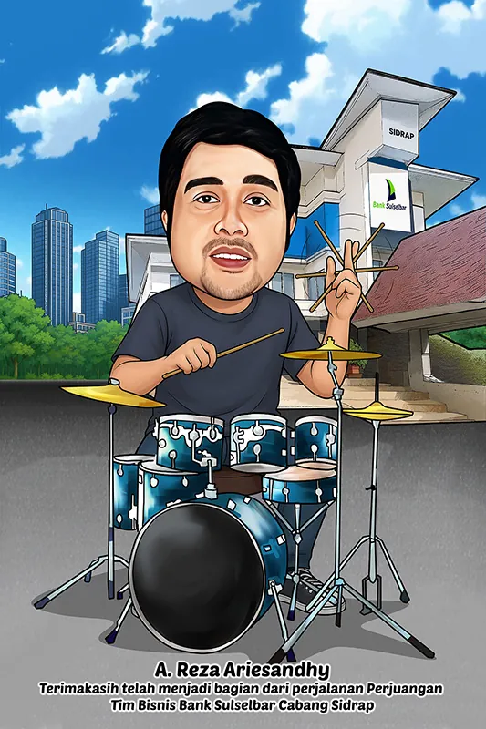 Karikatur pria berkaus abu-abu duduk di belakang satu set drum biru metalik lengkap dengan simbal ganda, memegang stik drum bersilang di tangan kanan, dengan latar gedung kantor cabang bank dan gedung pencakar langit di kejauhan.