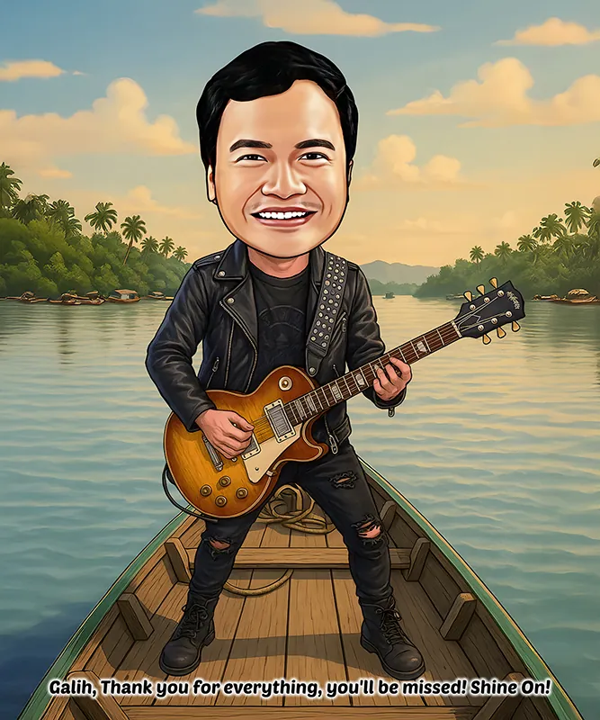 Karikatur pria berjaket kulit hitam berhias paku-paku logam memainkan gitar elektrik cokelat sambil tersenyum lebar, berdiri kokoh di atas perahu kayu kecil yang mengapung di sungai tenang, dengan latar hutan tropis lebat dan langit senja keemasan.