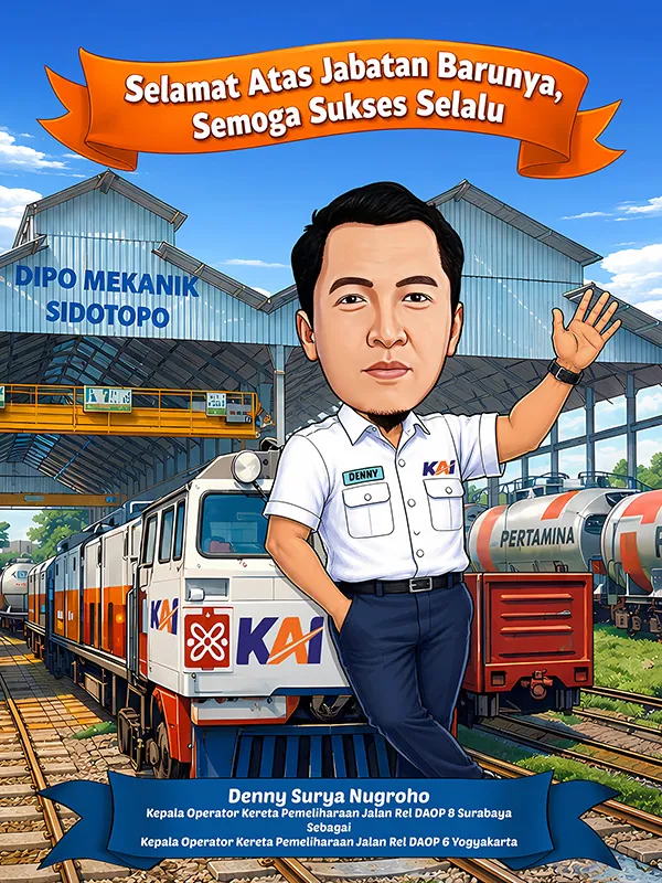 Karikatur pria mengenakan seragam putih berlogo perusahaan kereta berdiri di atas lokomotif oranye putih sambil melambaikan tangan, dengan latar bangunan depo mekanik dan rangkaian gerbong tangki bahan bakar di jalur rel.