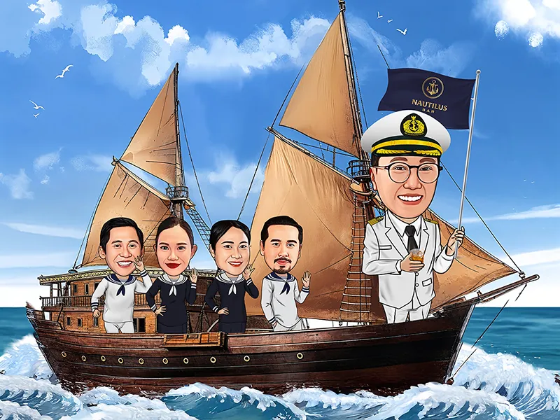 Karikatur seorang pria berseragam nakhoda putih bertopi pet memegang gelas dan tiang bendera, berdiri di haluan kapal layar kayu bersama empat rekan berbusana pelaut yang melambai dari geladak