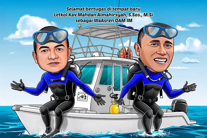Karikatur dua pria mengenakan pakaian selam hitam biru lengkap dengan kacamata renang dan tabung oksigen, duduk di buritan kapal cepat putih dengan latar laut biru dan langit cerah.