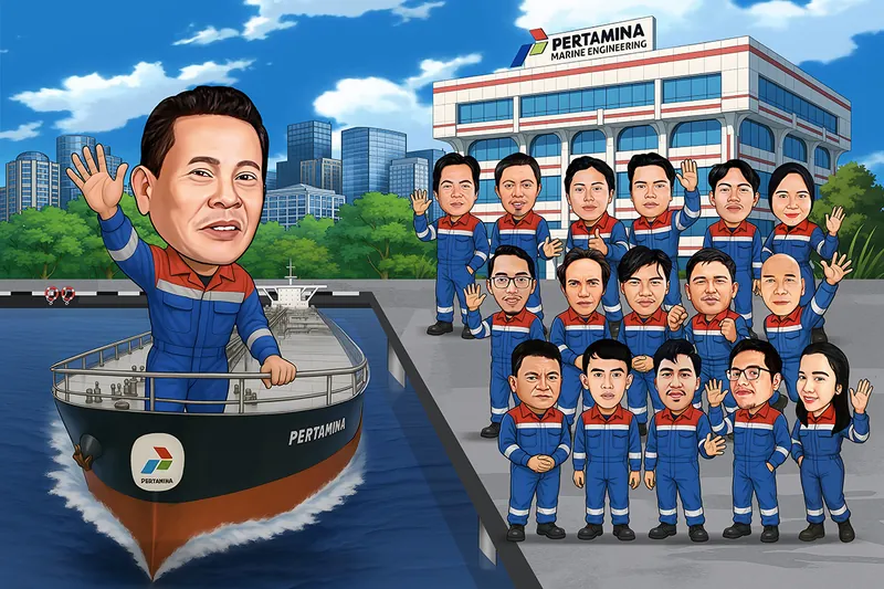 Karikatur seorang pria berseragam kerja Pertamina berdiri di bagian depan kapal sambil melambaikan tangan. Di sisi kanan terdapat banyak rekan kerja pria dan wanita dengan seragam biru merah yang sama, berdiri di depan gedung Pertamina Marine Engineering sambil memberikan salam, acungan jempol, dan pose semangat. Latar menampilkan area dermaga, kapal Pertamina, gedung perusahaan, pepohonan, dan kawasan perkotaan.