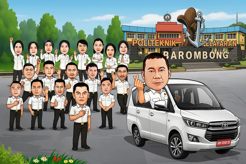 Karikatur seorang dosen berseragam putih pelayaran melambai dari dalam mobil putih, dengan sekitar dua puluh rekan berseragam sama berbaris di halaman kampus politeknik pelayaran berlambang jangkar besar