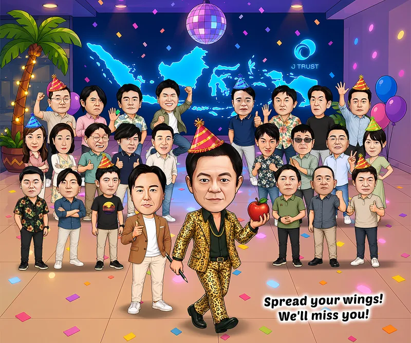 Karikatur sekitar dua puluh lima karyawan berpakaian bebas berpesta di ruangan berlantai terang, dengan satu orang berjas motif macan tutul memegang apel merah berdiri di depan, bola disko di langit-langit, dan peta Indonesia menyala di dinding