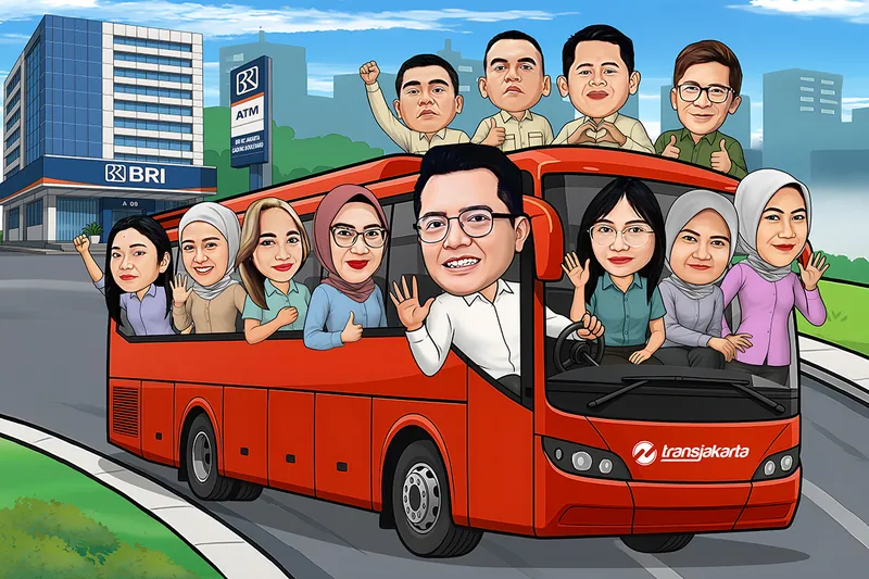 Karikatur sebelas rekan kerja memenuhi bus TransJakarta merah, empat orang duduk di atap bus melambai dan mengepalkan tangan, sisanya bersandar keluar jendela sambil tersenyum, satu pria mengemudikan bus meninggalkan gedung kantor cabang bank di belakang.