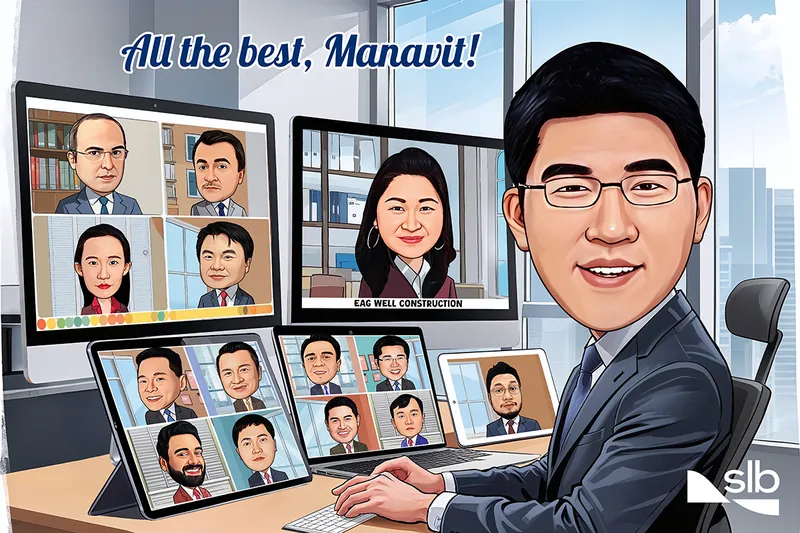 Karikatur seorang pria berkacamata mengenakan jas dan dasi sedang duduk di meja kerja dengan beberapa monitor, laptop, dan tablet yang menampilkan wajah rekan-rekan kerjanya melalui pertemuan online. Di bagian atas terdapat tulisan All the best, Manavit!, sementara salah satu layar menampilkan tulisan EAG WELL CONSTRUCTION.