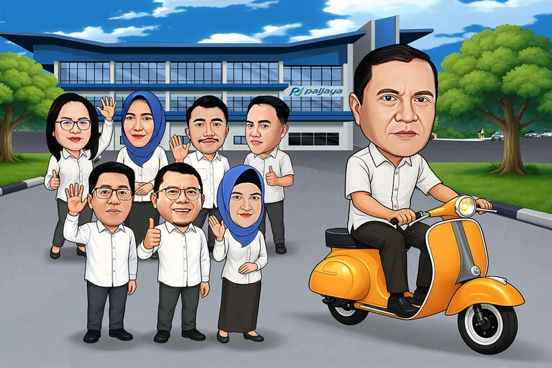 Karikatur seorang pria berkemeja putih mengendarai vespa oranye di halaman kantor, dengan delapan rekan berkemeja putih melambai di sebelah kiri dan gedung perusahaan berlogo biru di belakang