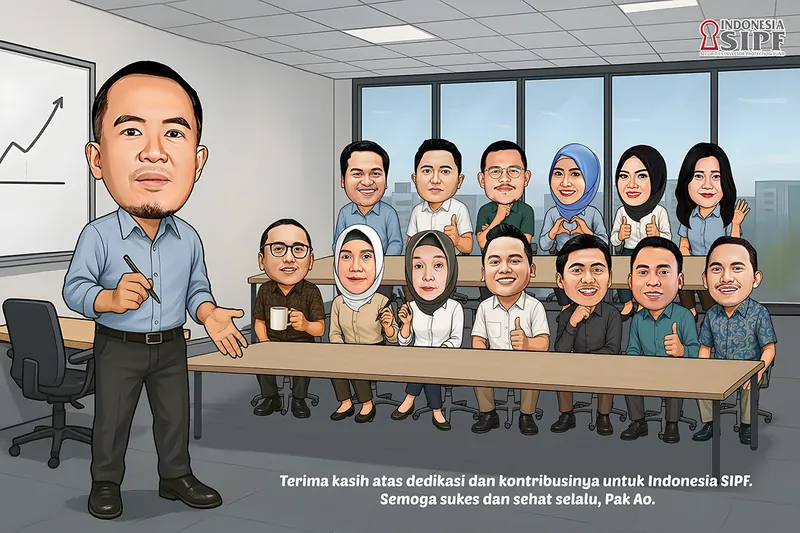 Karikatur seorang pria bersama rekan-rekan kerja di dalam ruang rapat kantor Indonesia SIPF. Tokoh utama berdiri di sisi kiri mengenakan kemeja biru muda sambil memegang pena dan memberikan gestur tangan, sementara para rekan kerja duduk dan berdiri mengelilingi meja rapat. Beberapa orang memberikan gestur jempol, hati, dan melambaikan tangan. Latar menampilkan interior kantor modern dengan meja rapat, kursi, jendela besar, grafik, serta logo Indonesia SIPF.