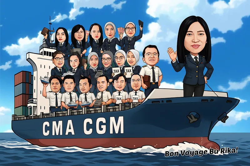 Karikatur sekitar dua puluh staf berseragam pelayaran biru dan putih berdiri di atas kapal peti kemas raksasa yang membelah laut, dengan satu orang berdiri terpisah di haluan