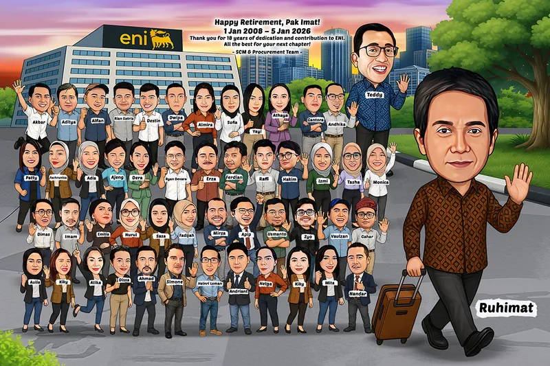 Karikatur sekitar lima puluh staf berbaris empat lapis di depan gedung kantor perusahaan energi saat senja, masing-masing dengan papan nama, sementara yang dilepas berjalan menyeret koper di sisi kanan dengan skala jauh lebih besar