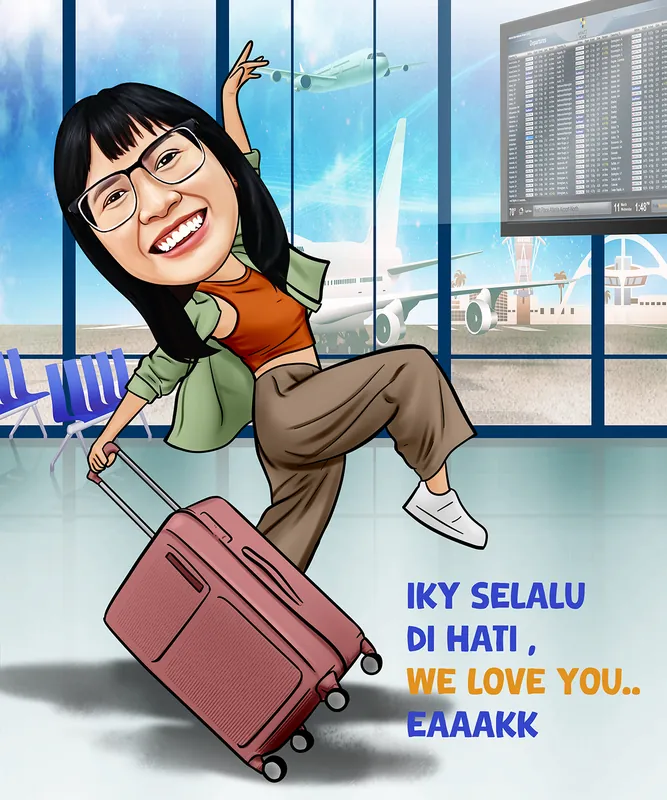 Karikatur seorang wanita berkacamata dengan rambut hitam sedang menarik koper besar di area terminal bandara. Ia tampil ceria dengan pose dinamis seolah hendak berangkat, satu kaki terangkat dan satu tangan melambai. Di balik jendela terminal terlihat pesawat, apron bandara, menara kontrol, serta layar informasi penerbangan. Pada bagian bawah terdapat tulisan perpisahan bernuansa akrab dan penuh kasih.