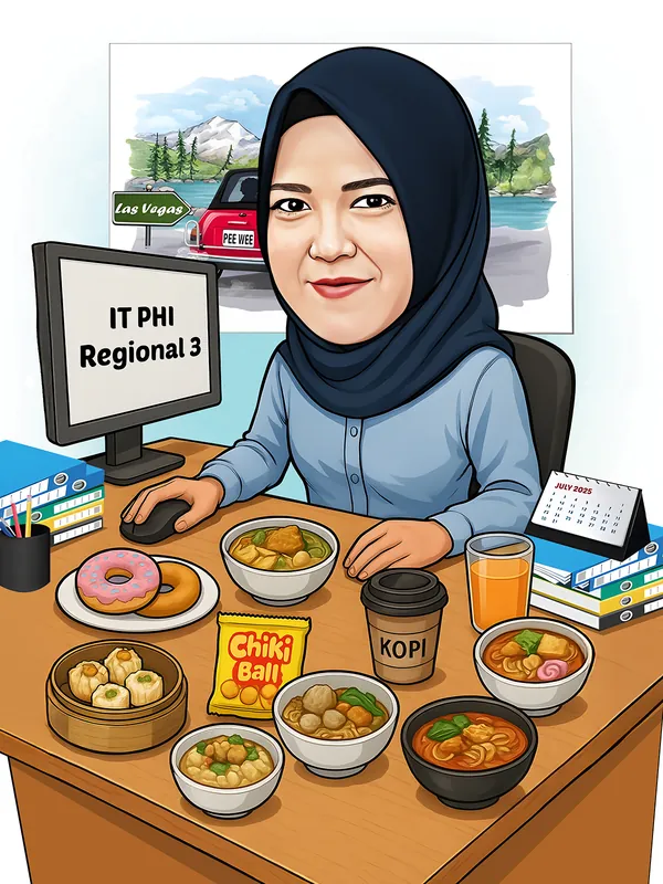 Karikatur perempuan berhijab biru navy duduk di meja kerja dipenuhi semangkuk bakso, pangsit kukus, donat, keripik bola, dan kopi kemasan, dengan layar komputer bertuliskan nama divisi kerja dan lukisan pemandangan danau pegunungan di dinding belakang.