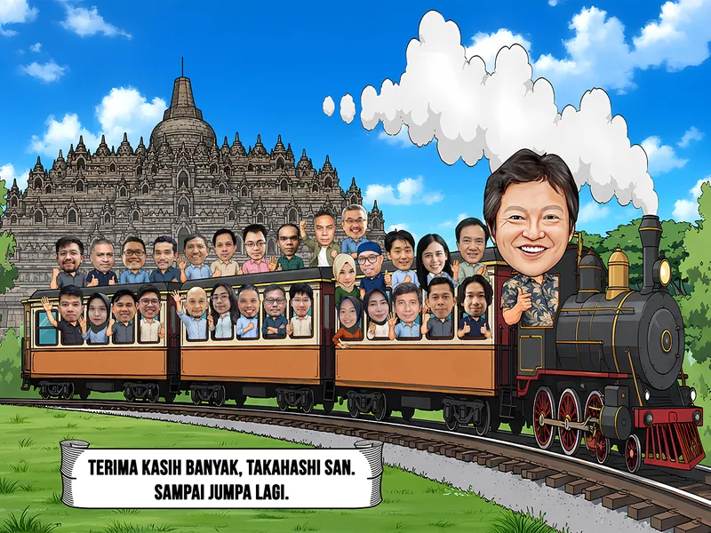 Karikatur pria berkemeja motif daun mengemudikan lokomotif uap hitam mengeluarkan asap tebal, ditumpangi lebih dari dua puluh rekan kerja yang melambai dari jendela gerbong kayu, dengan latar candi berundak besar bergaya Buddha kuno dan langit biru cerah.