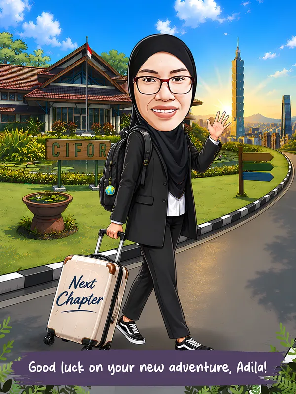 Karikatur seorang wanita berhijab hitam dan berkacamata sedang berjalan sambil menarik koper bertuliskan Next Chapter dan melambaikan tangan. Ia mengenakan blazer hitam, kemeja putih, dan ransel hitam yang digantungi gantungan kunci berbentuk bola dunia. Di sisi kiri terdapat gedung kantor CIFOR lengkap dengan papan nama dan tiang bendera Merah Putih, sedangkan di sisi kanan tampak kota Taipei dengan menara Taipei 101 di bawah cahaya matahari. Di bagian bawah terdapat tulisan Good luck on your new adventure, Adila!