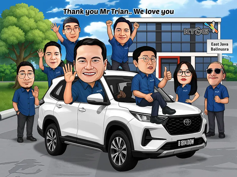 Karikatur seorang pria sebagai tokoh utama sedang berada di mobil putih sambil tersenyum dan melambaikan tangan, dikelilingi beberapa rekan kerja yang mengenakan seragam biru senada. Di belakang terdapat gedung KTEG dengan papan East Java Balinusra. Beberapa rekan kerja berpose mengacungkan jempol, mengepalkan tangan, dan melambaikan tangan. Di bagian atas terdapat tulisan Thank you Mr Trian.. We love you.