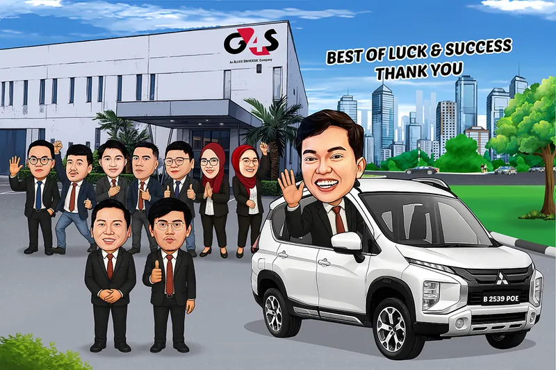 Karikatur perpisahan karyawan dengan seorang pria sebagai tokoh utama mengenakan setelan jas hitam dan dasi, melambaikan tangan dari mobil SUV putih. Rekan-rekan kerjanya berdiri di depan gedung G4S sambil memberikan pose salam, acungan jempol, dan gestur perpisahan. Latar belakang menampilkan gedung perusahaan, pepohonan, serta kawasan perkotaan.