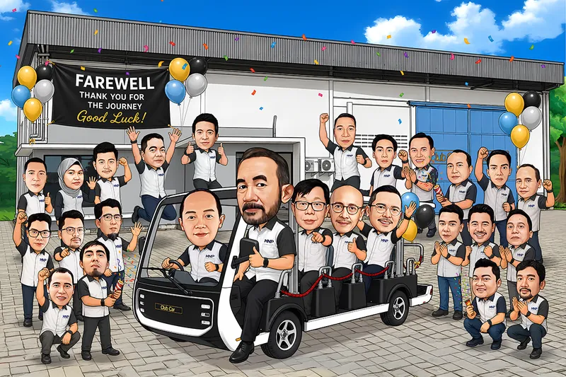Karikatur lebih dari dua puluh rekan kerja berseragam putih abu-abu berkumpul di halaman pabrik, sebagian menaiki mobil golf beratap terbuka yang melaju di tengah barisan, dikelilingi balon warna-warni dan confetti beterbangan, dengan spanduk hitam bertuliskan ucapan selamat jalan di atas gudang.