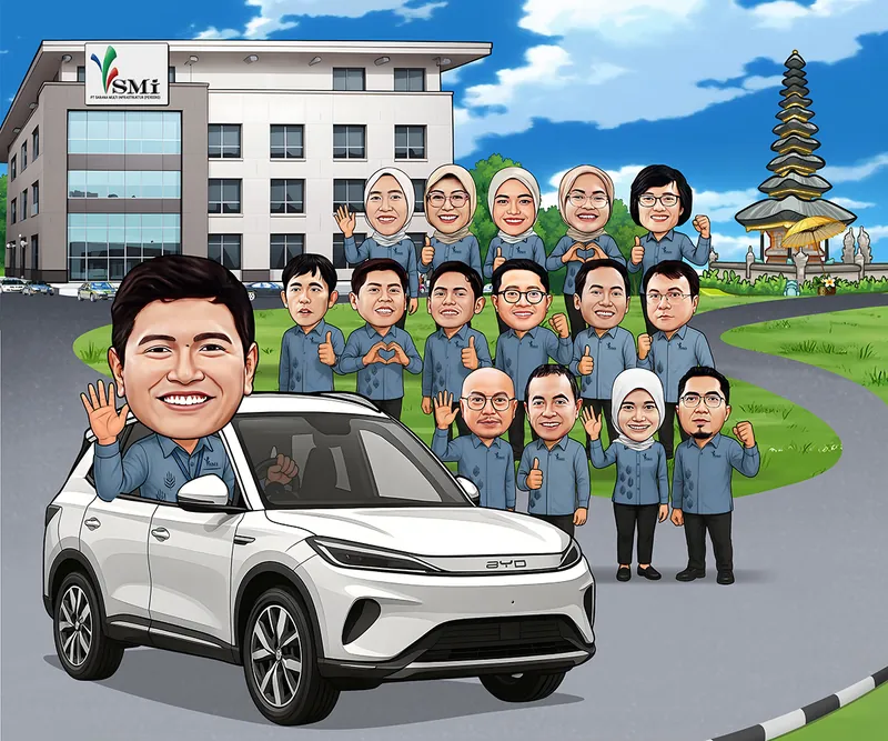 Karikatur seorang pria sebagai tokoh utama sedang berada di dalam mobil SUV putih sambil melambaikan tangan kepada rekan-rekan kerjanya. Di belakang terdapat kelompok pria dan wanita mengenakan seragam kantor berwarna abu-abu yang memberikan gestur jempol, hati, melambaikan tangan, dan semangat. Latar menampilkan gedung PT Sarana Multi Infrastruktur atau SMI, area hijau, jalan, serta bangunan bergaya pura Bali di sisi kanan.